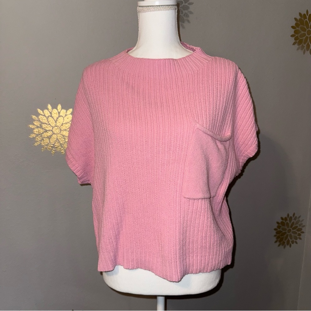 Pink Ribbed Knit Short Crop s/s‎ Sweater w/Mocked Neck  Chic 90’s Women’s Large